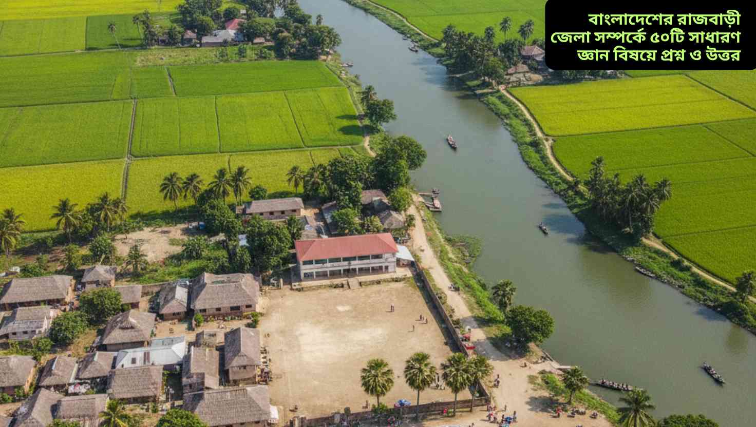 "রাজবাড়ী জেলার এ্যারিয়াল দৃশ্য, নদী, সবুজ ক্ষেত, স্থানীয় বাড়ি এবং সাংস্কৃতিক উপাদান সহ।"
