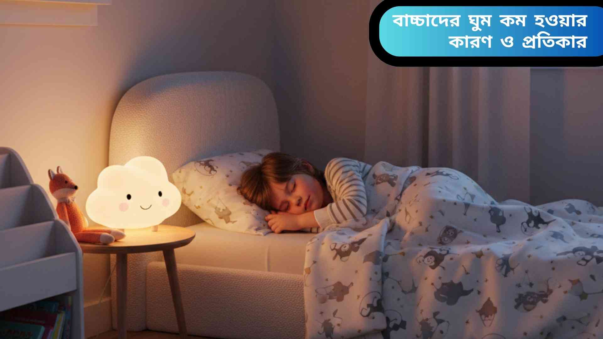 একটি শান্ত শিশুর শোবার ঘর, যেখানে একটি ছোট শিশু আরামদায়ক বিছানায় ঘুমাচ্ছে, পাশে নরম আলো জ্বলছে।