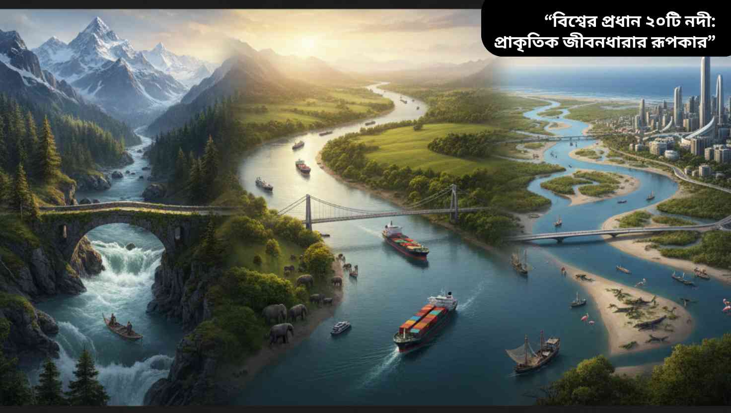 বিশ্বের প্রধান নদীগুলো, নদী তীরবর্তী বন, পাহাড়, সমতল ভূমি এবং ডেল্টার দৃশ্যসহ।