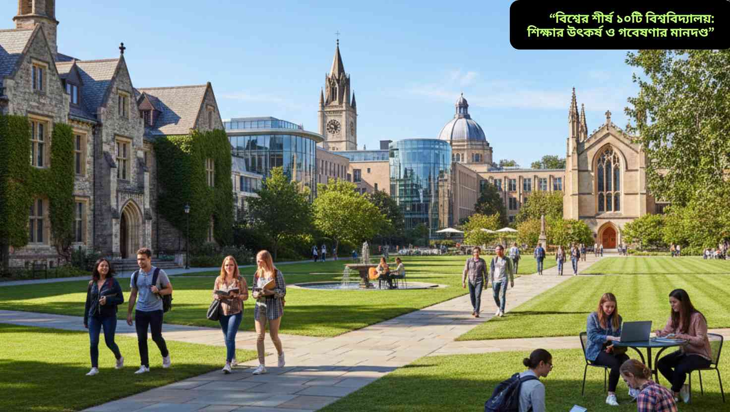 "বিশ্বের শীর্ষ বিশ্ববিদ্যালয়ের ক্যাম্পাস, যেখানে শিক্ষার্থীরা বাইরে হাঁটছে ও পড়াশোনা করছে, ঐতিহ্যবাহী ও আধুনিক ভবন, সবুজ লন এবং পরিষ্কার আকাশ।"