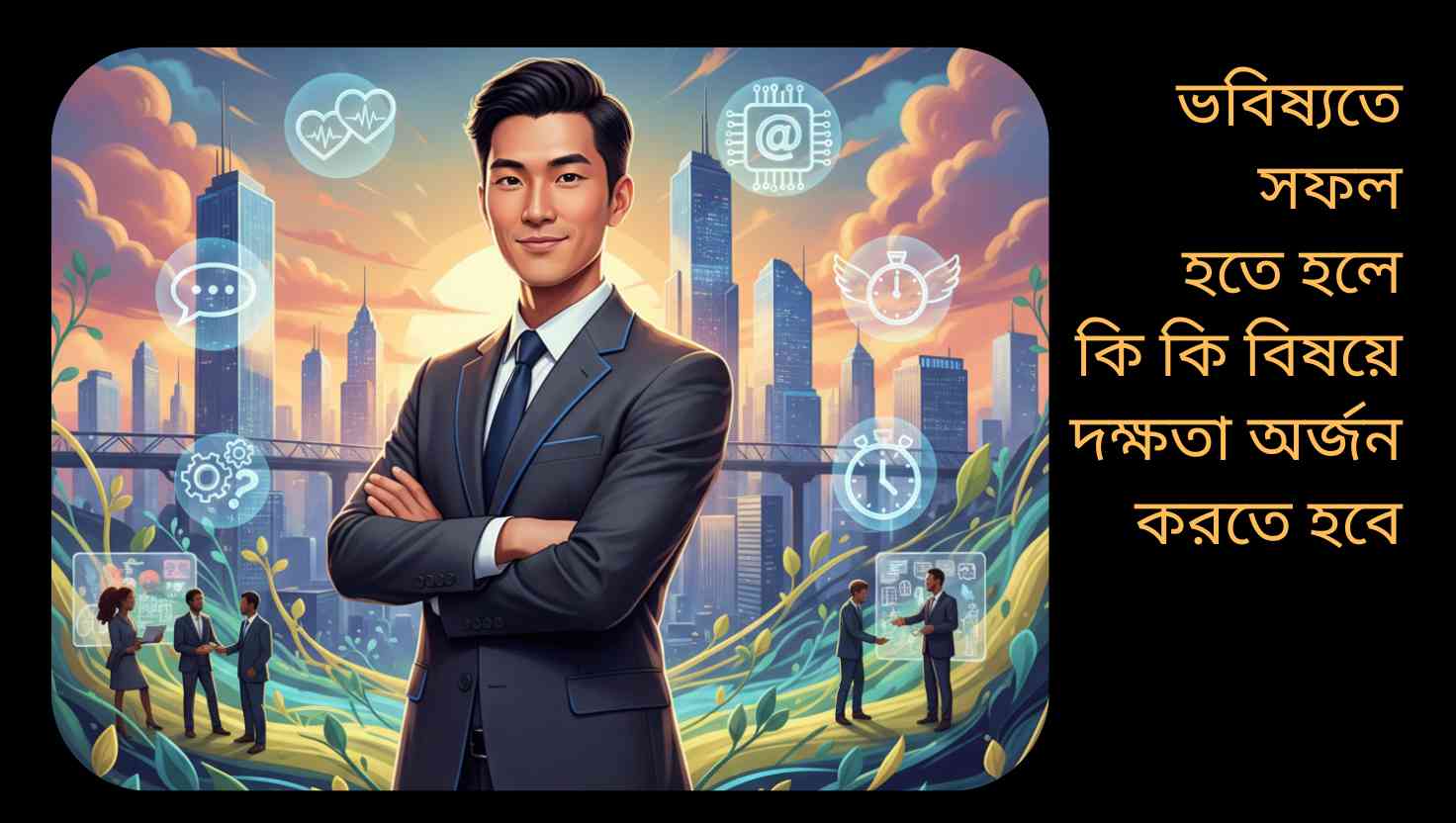 ভবিষ্যতের সফলতার জন্য প্রয়োজনীয় দক্ষতাগুলো চিত্রিত একটি উজ্জ্বল ও আকর্ষণীয় ইলাস্ট্রেশন, যেখানে একজন তরুণ পেশাজীবী শহরের সামনে confidently দাঁড়িয়ে আছেন এবং তার চারপাশে যোগাযোগ, সমস্যা সমাধান, ডিজিটাল প্রযুক্তি, সময় ব্যবস্থাপনা ও আবেগগত বুদ্ধিমত্তার আইকনগুলো ভাসছে।