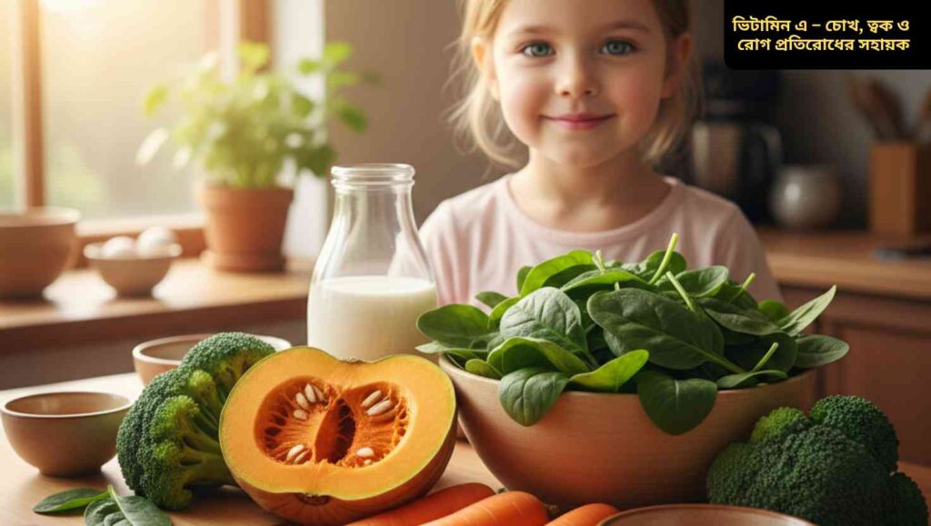 ভিটামিন এ – শক্তিশালী রোগ প্রতিরোধ ক্ষমতা, সুস্থ ত্বক এবং স্বচ্ছ দৃষ্টিশক্তির জন্য অপরিহার্য; প্রাকৃতিকভাবে পাওয়া যায় গাজর, কুমড়া, পালং শাক, ব্রোকলি, ডিম ও দুধে।