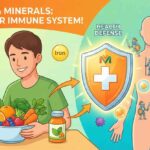 একটি চিত্র যেখানে বিভিন্ন ভিটামিন এবং খনিজ যেমন কমলা, গাজর, পালং শাক, এবং সাপ্লিমেন্ট দেখানো হয়েছে, যা শরীরের রোগ প্রতিরোধ ক্ষমতা বাড়ায়।