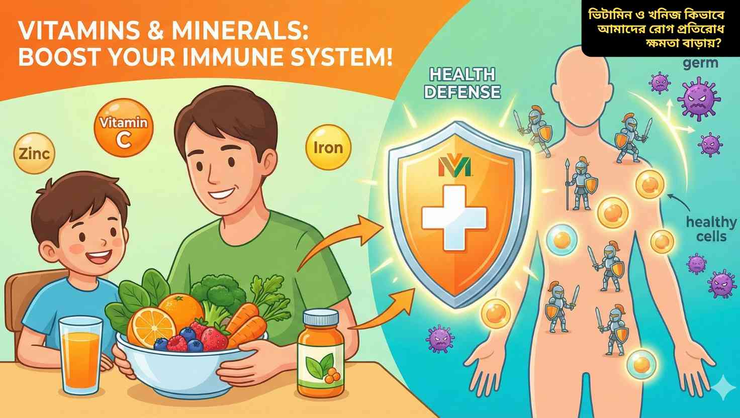 একটি চিত্র যেখানে বিভিন্ন ভিটামিন এবং খনিজ যেমন কমলা, গাজর, পালং শাক, এবং সাপ্লিমেন্ট দেখানো হয়েছে, যা শরীরের রোগ প্রতিরোধ ক্ষমতা বাড়ায়।