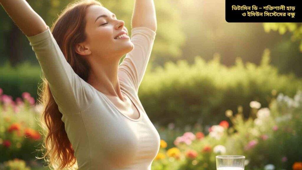 একটি চিত্র যেখানে বিভিন্ন ভিটামিন এবং খনিজ যেমন কমলা, গাজর, পালং শাক, এবং সাপ্লিমেন্ট দেখানো হয়েছে, যা শরীরের রোগ প্রতিরোধ ক্ষমতা বাড়ায়।