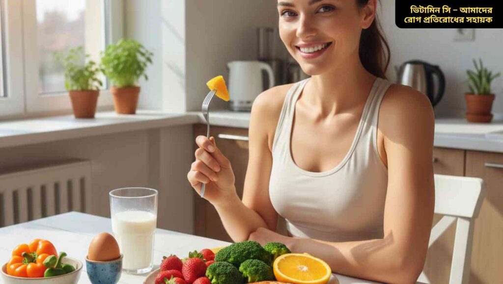 একটি চিত্র যেখানে বিভিন্ন ভিটামিন এবং খনিজ যেমন কমলা, গাজর, পালং শাক, এবং সাপ্লিমেন্ট দেখানো হয়েছে, যা শরীরের রোগ প্রতিরোধ ক্ষমতা বাড়ায়।