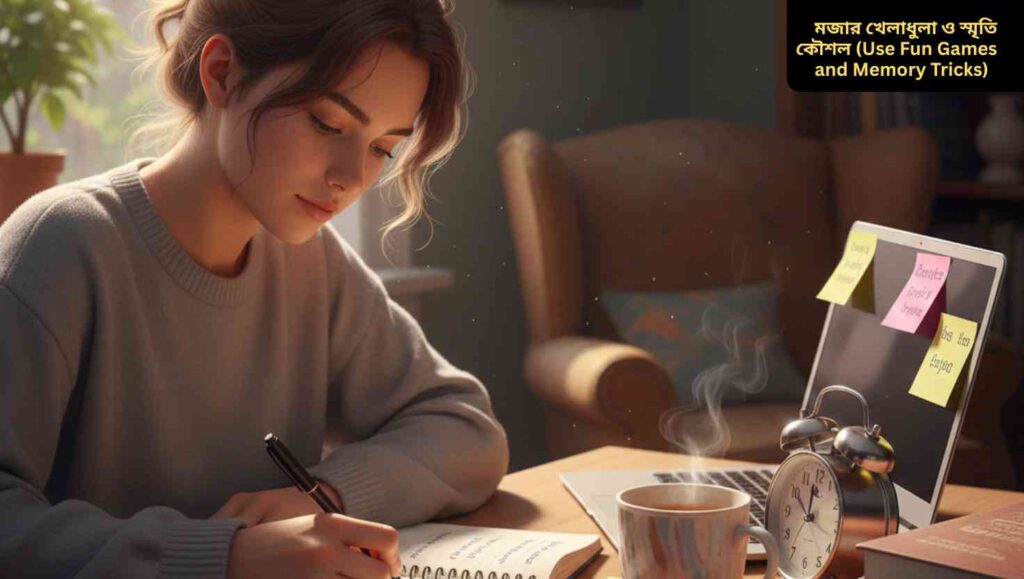 একটি ছাত্র নতুন ইংরেজি শব্দ এবং বাক্য একটি নোটবুকে লিখছে, নিয়মিত অনুশীলনের মাধ্যমে মস্তিষ্কে তথ্য স্থায়ী করছে।