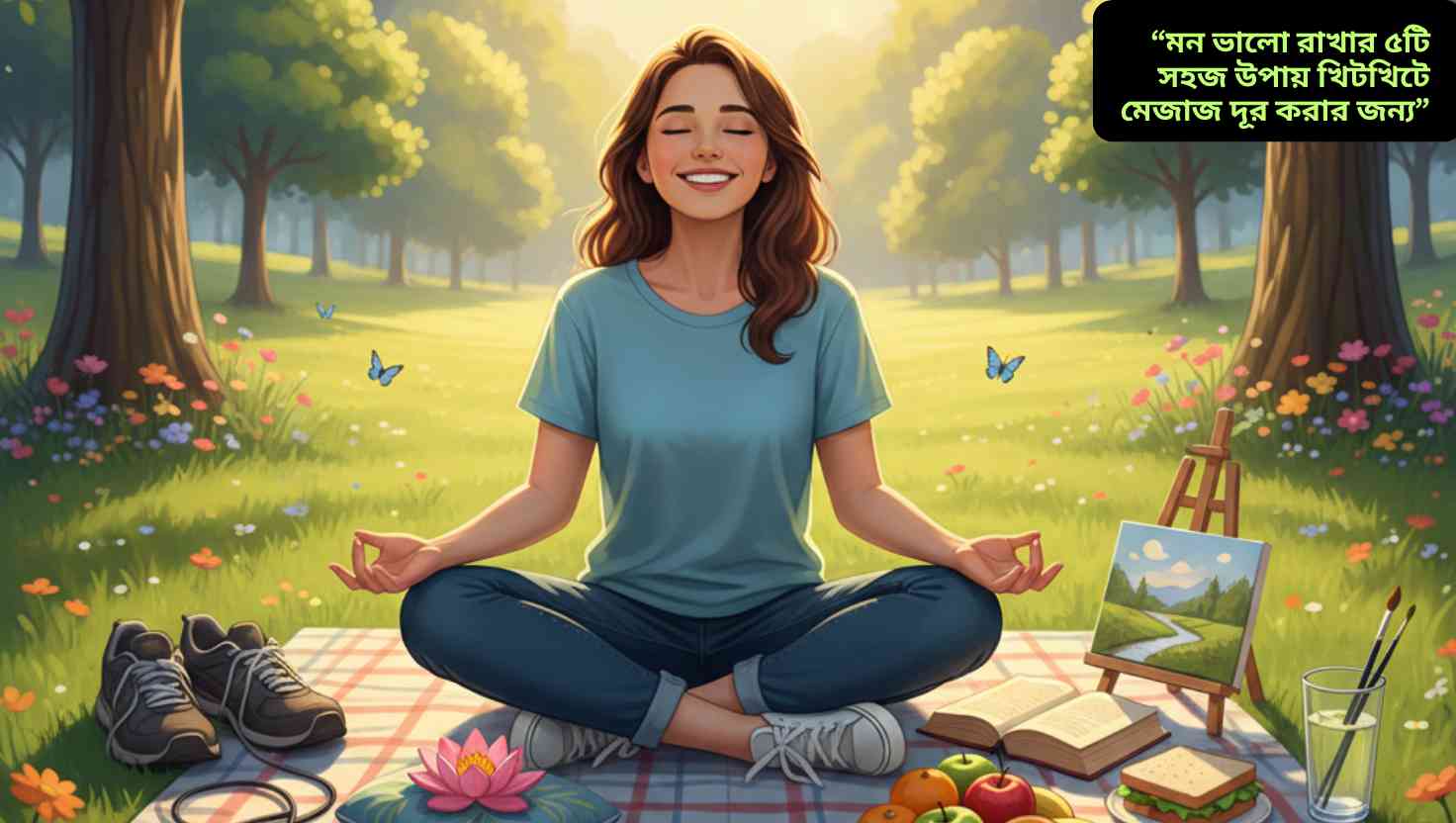 “প্রাকৃতিক পরিবেশে হাস্যোজ্জ্বল মানুষ, খিটখিটে মেজাজ দূর করার পাঁচটি কার্যকর উপায়ের প্রতীকসহ”