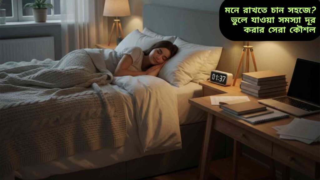 পর্যাপ্ত ঘুম ও বিশ্রামের মাধ্যমে স্মৃতিশক্তি বৃদ্ধি—শান্ত ঘুমে থাকা একজন শিক্ষার্থী