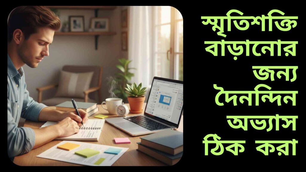 "একটি রঙিন বাস্তবসম্মত দৃশ্য যেখানে একজন যুবক একাগ্রচিত্তে বই পড়ছে এবং মনোযোগ ধরে রেখেছে। ডেস্কে ল্যাপটপ, নোটবুক, কলম ও একটি ছোট গাছ রয়েছে।"