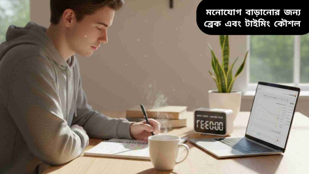 একজন ছাত্র একটি উজ্জ্বল, স্বাভাবিক আলোযুক্ত ঘরে পড়াশোনা করছে, ডেস্কে নোটবুক, ল্যাপটপ এবং চায়ের কাপ রয়েছে, মনোযোগী এবং আরামদায়ক অবস্থায়।