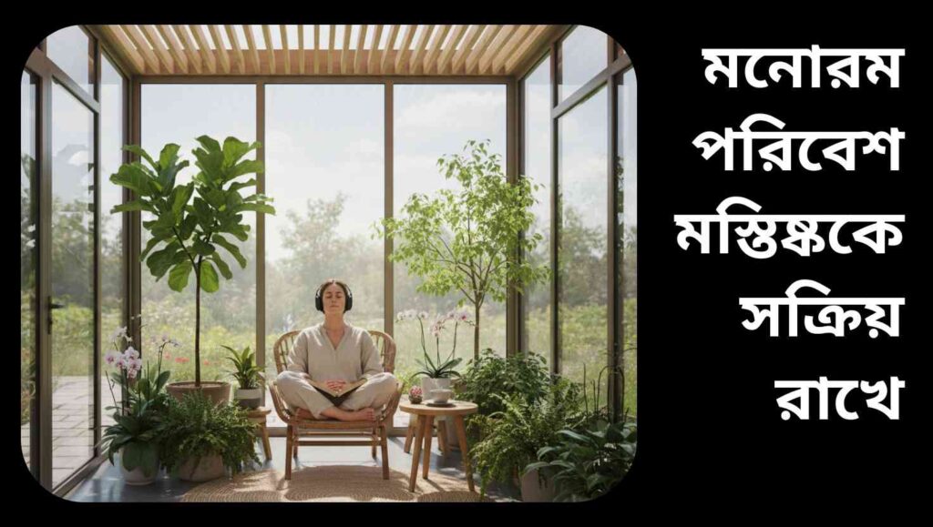 "প্রাকৃতিক আলোয় সুসজ্জিত একটি শান্ত পরিবেশ, বই পড়া বা গান শোনা ব্যক্তিরা, সবুজ উদ্যানের মধ্যে মনের শান্তি এবং ফোকাস বজায় রাখা।"