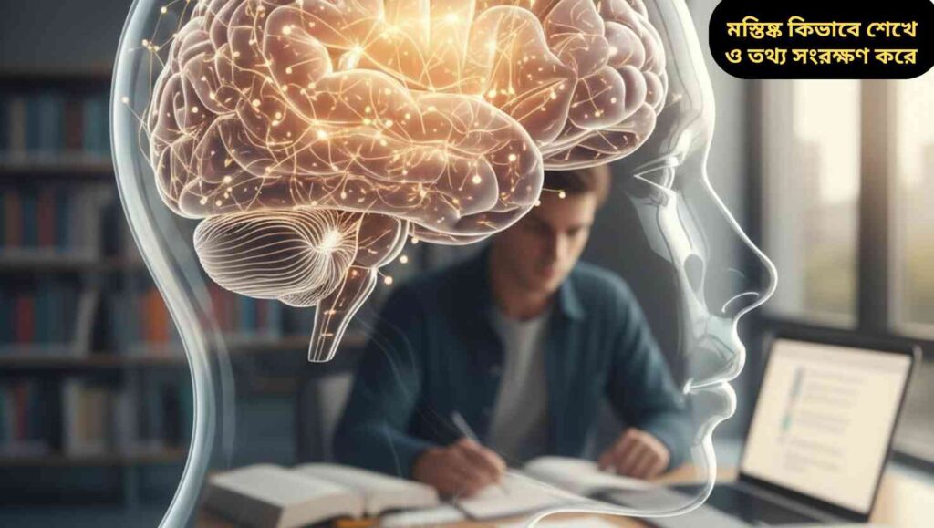 মানব মস্তিষ্কের বাস্তবচিত্র, যেখানে স্নায়ুতন্ত্র ও শেখার ক্রিয়াকলাপ প্রদর্শিত, শিক্ষার্থী পড়াশোনার পটভূমিতে।
