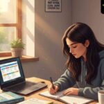 এসএসসি শিক্ষার্থী সুন্দরভাবে সাজানো ও আলোয় ভরা ডেস্কে মনোযোগ দিয়ে পড়াশোনা করছে।