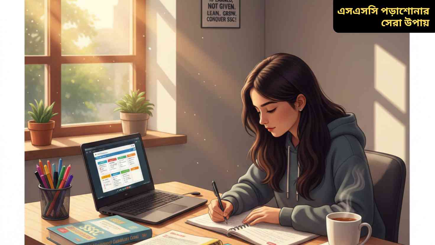এসএসসি শিক্ষার্থী সুন্দরভাবে সাজানো ও আলোয় ভরা ডেস্কে মনোযোগ দিয়ে পড়াশোনা করছে।