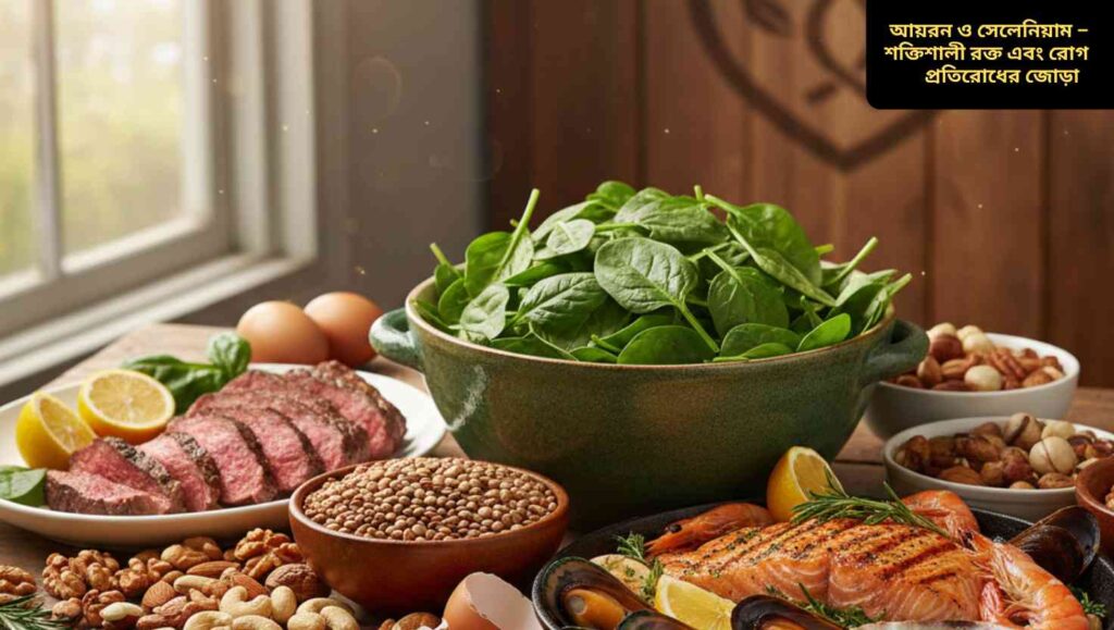 আয়রন ও সেলেনিয়াম – শক্তিশালী রক্ত এবং রোগ প্রতিরোধের জোড়া। ছবিতে দেখা যাচ্ছে আয়রন এবং সেলেনিয়াম সমৃদ্ধ খাবার যেমন মাংস, ডাল, পালং শাক, বাদাম, মাছ, ডিম ও সীফুড, যা শরীরের রোগ প্রতিরোধ ক্ষমতা ও রক্তের স্বাস্থ্য বজায় রাখতে সাহায্য করে।