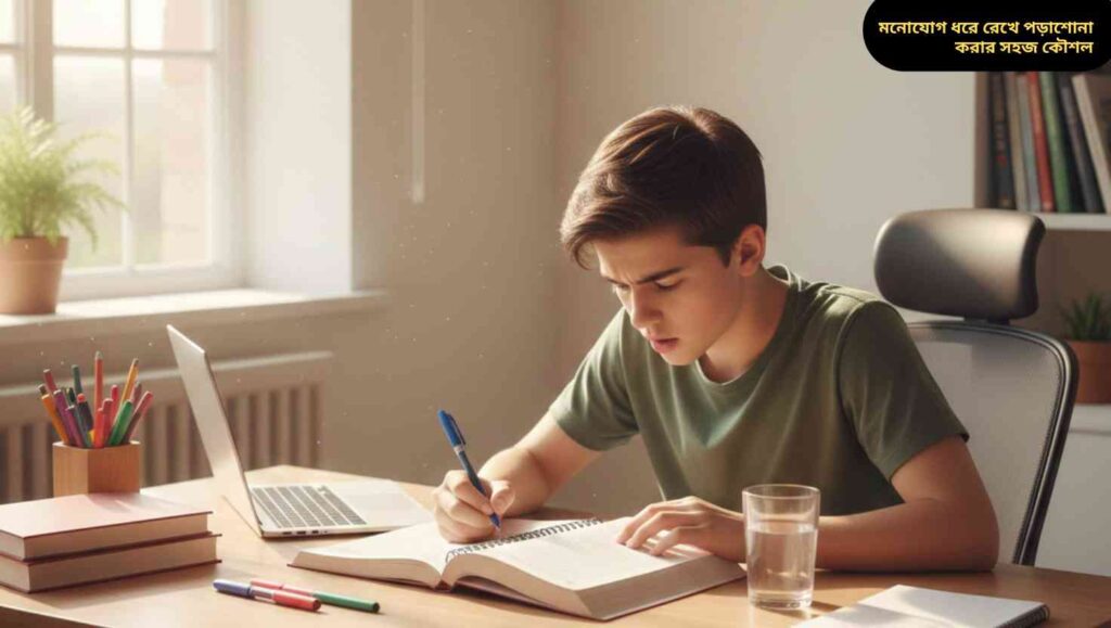 একজন মনোযোগী ছাত্র একটি সুশৃঙ্খল ডেস্কে পড়াশোনা করছে, বই, নোটবুক এবং পেনের সঙ্গে, মনোযোগ ধরে রাখার জন্য।