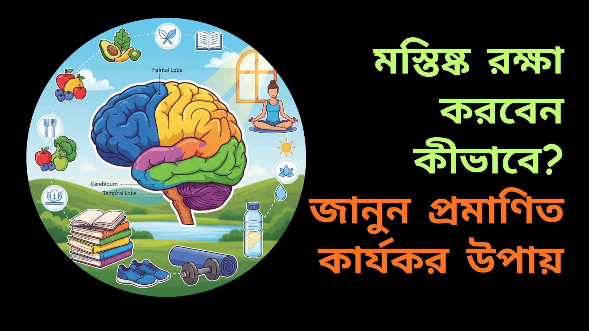 "একটি সুস্থ মানুষের মস্তিষ্কের চিত্র, যার চারপাশে ব্যায়াম, পুষ্টিকর খাবার, ঘুম, ধ্যান, সামাজিক সংযোগ এবং মানসিক চ্যালেঞ্জের আইকন রয়েছে, যা মস্তিষ্ককে নিরাপদ ও শক্তিশালী রাখার উপায় নির্দেশ করে।"