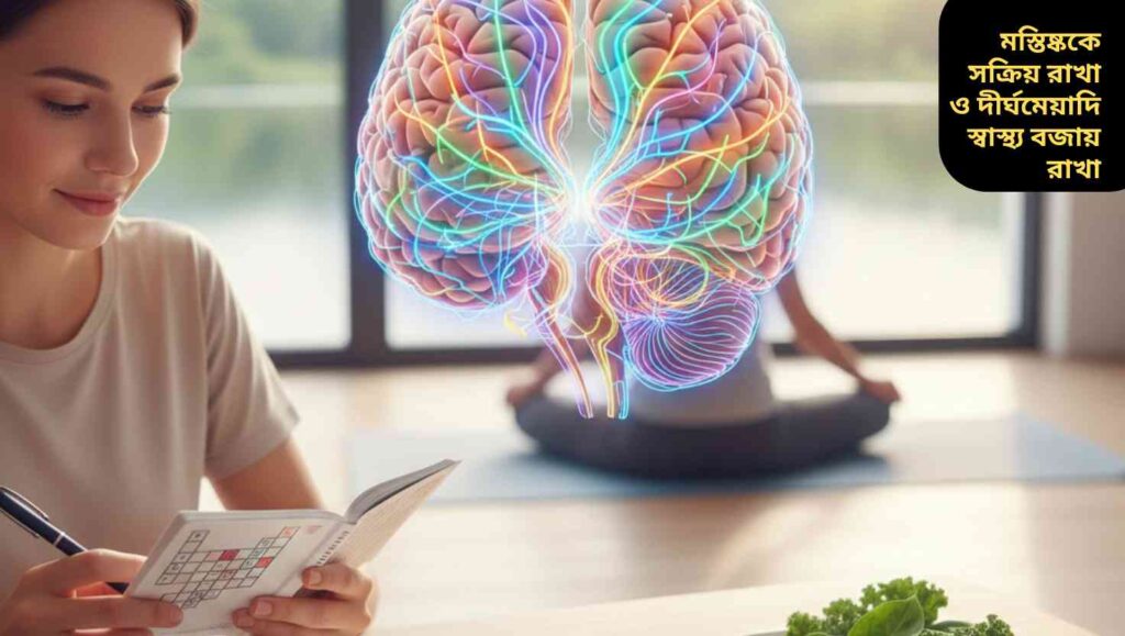 একজন ব্যক্তি ধাঁধা সমাধান করছেন, পাশে স্বাস্থ্যকর খাবার এবং মস্তিষ্কে উজ্জ্বল স্নায়ুতন্ত্রের চিত্র, যা সক্রিয় মস্তিষ্ক এবং মনোযোগ বৃদ্ধি দেখাচ্ছে।