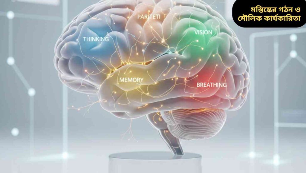 মানব মস্তিষ্কের বাস্তব চিত্র, যেখানে বিভিন্ন লোব ও তাদের মৌলিক কার্যাবলি দেখানো হয়েছে।