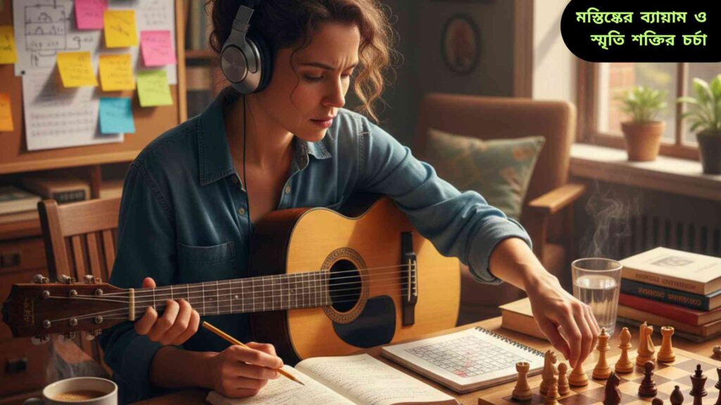 একজন ব্যক্তি ডেস্কে বসে, ধাঁধা খেলে, নতুন ভাষা শেখে, ডায়েরিতে লেখে, এবং মানসিক অনুশীলন করছে, যা মস্তিষ্কের ব্যায়াম, এবং স্মৃতি শক্তি বাড়াতে সাহায্য করছে।