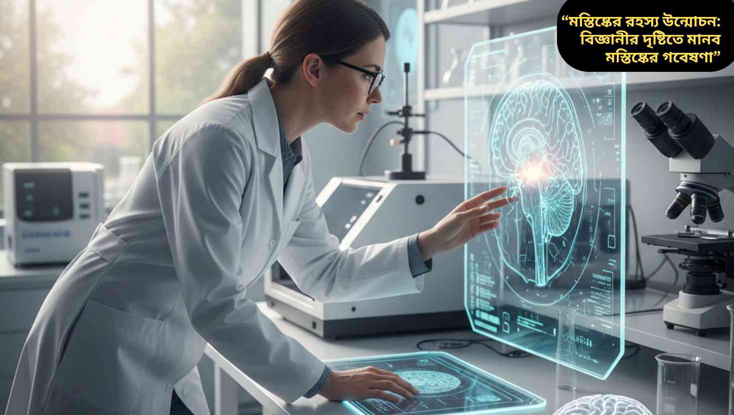বিজ্ঞানীর গবেষণাগারে মানব মস্তিষ্ক নিয়ে গবেষণা ও বিশ্লেষণের বাস্তব দৃশ্য