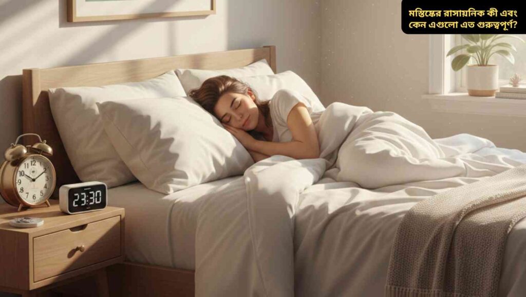 মস্তিষ্কের রাসায়নিক এবং তাদের গুরুত্ব বোঝানো একটি চিত্র, যেখানে নিউরোট্রান্সমিটার বা মেসেঞ্জার দেখানো হয়েছে।