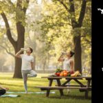 একটি শান্ত এবং প্রাকৃতিক দৃশ্য যেখানে মানুষ মস্তিষ্ক ঠান্ডা রাখার জন্য গভীর শ্বাস নিচ্ছে, ঠান্ডা পানি খাচ্ছে, হালকা ব্যায়াম করছে, এবং তাজা ফল ও সবজি খাচ্ছে। দৃশ্যটি প্রশান্তি এবং মানসিক সতেজতা প্রকাশ করছে।