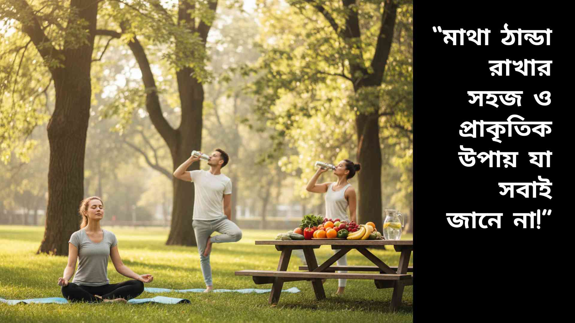 একটি শান্ত এবং প্রাকৃতিক দৃশ্য যেখানে মানুষ মস্তিষ্ক ঠান্ডা রাখার জন্য গভীর শ্বাস নিচ্ছে, ঠান্ডা পানি খাচ্ছে, হালকা ব্যায়াম করছে, এবং তাজা ফল ও সবজি খাচ্ছে। দৃশ্যটি প্রশান্তি এবং মানসিক সতেজতা প্রকাশ করছে।