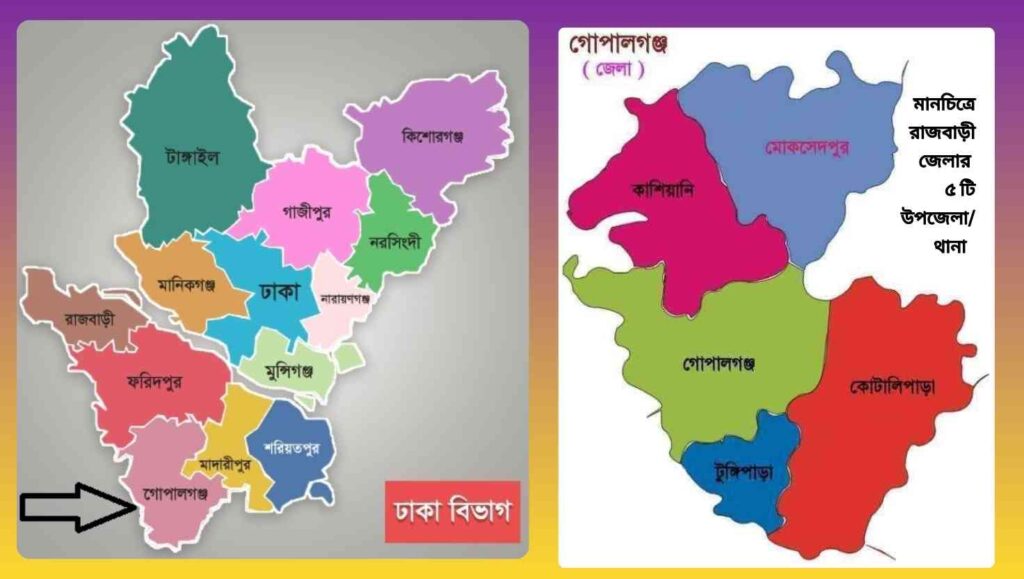 “গোপালগঞ্জ জেলার মানচিত্রে ৫টি উপজেলা ও থানা চিহ্নিত: গোপালগঞ্জ সদর, কাশিয়ানী, কোটালীপাড়া, টুঙ্গিপাড়া এবং কোটালী।”