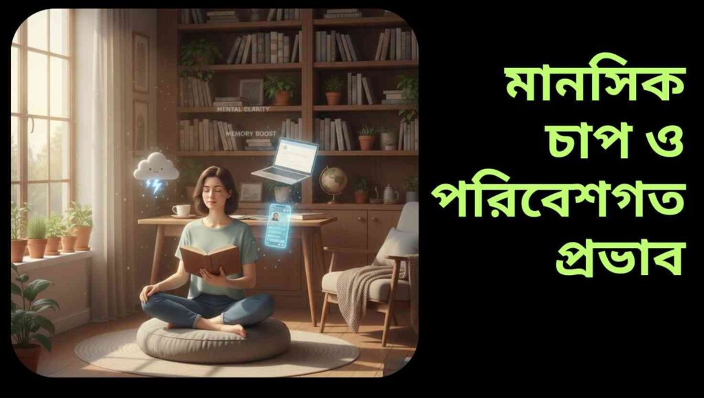 একটি শান্ত এবং সুশৃঙ্খল পরিবেশে বসে ধ্যানরত বা বই পড়ছে এমন একজন মানুষ, চারপাশে স্ট্রেস ও ডিজিটাল ডিভাইসের প্রতীক।
