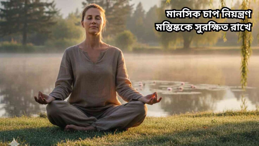 "প্রকৃতির মাঝে সূর্যোদয়ের সময় ধ্যানরত ব্যক্তি, মানসিক শান্তি এবং চাপ কমানোর প্রতীক।"