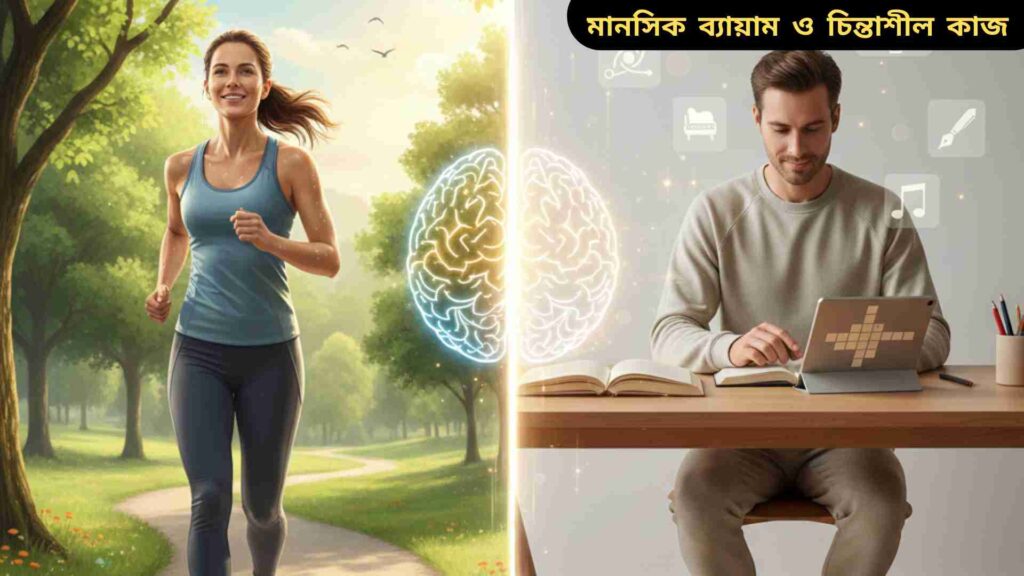 একজন ব্যক্তি ধাঁধা সমাধান, বই পড়া বা নতুন কিছু শেখার মাধ্যমে মানসিক ব্যায়াম করছে, যা মস্তিষ্কের কার্যক্ষমতা ও সৃজনশীল চিন্তা বৃদ্ধি করে।