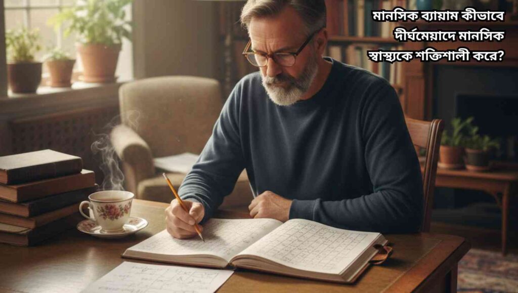 "মানসিক ব্যায়াম করছে একজন ব্যক্তি, ক্রসওয়ার্ড এবং নোট লিখছে, শান্ত ও মনোযোগী মুখভঙ্গি সহ।"