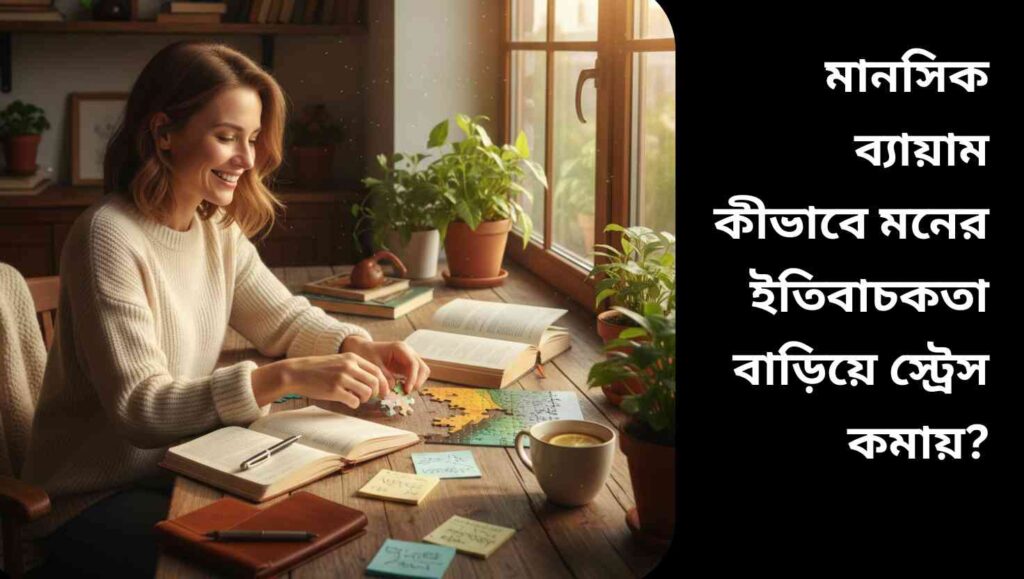 "একজন হাসিমুখী মহিলা জানালার পাশে ডেস্কে বসে ধাঁধা সমাধান করছে ও বই পড়ছে, মানসিক ব্যায়ামের মাধ্যমে স্ট্রেস কমাচ্ছে এবং মনকে ইতিবাচক রাখছে।"