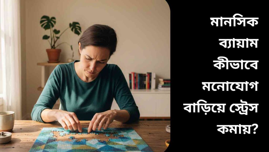 “একজন মানুষ শান্ত পরিবেশে ধাঁধা বা শব্দ খেলা নিয়ে মনোযোগীভাবে কাজ করছে।”