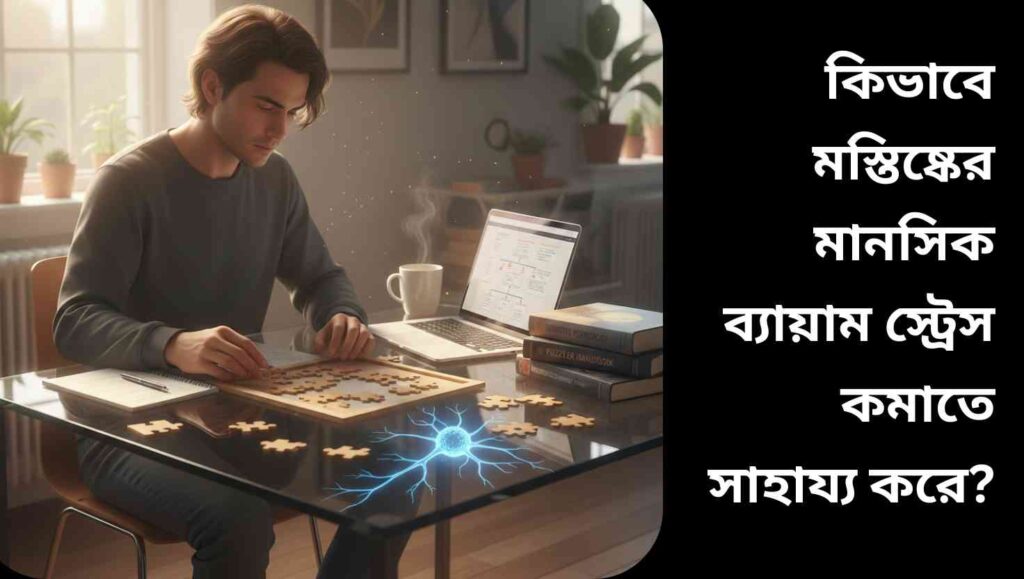 "মানসিক ব্যায়াম করছে এমন একজন ব্যক্তি, যে ঘরে শান্তভাবে বসে পাজল, লেখা এবং ল্যাপটপ ব্যবহার করছে।"