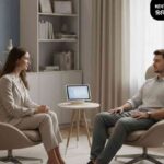 মানসিক রোগীর সঙ্গে মনোরোগ বিশেষজ্ঞের পরামর্শ দিচ্ছেন, থেরাপি রুমের শান্তিপূর্ণ পরিবেশে