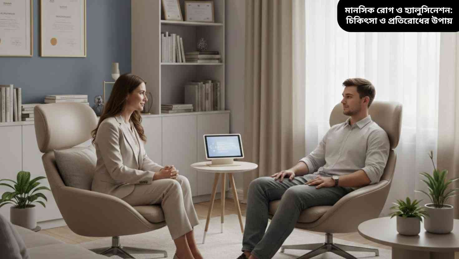 মানসিক রোগীর সঙ্গে মনোরোগ বিশেষজ্ঞের পরামর্শ দিচ্ছেন, থেরাপি রুমের শান্তিপূর্ণ পরিবেশে