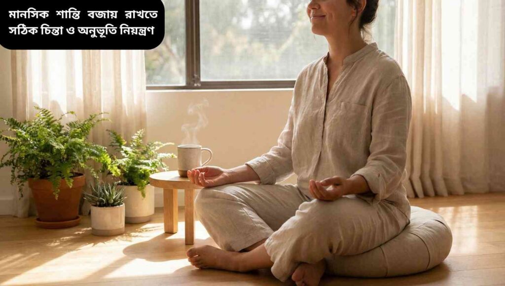 "একজন ব্যক্তি সূর্যোদয়ের সময় ঘরে স্ট্রেচিং করছে, পাশে পানি ও তাজা ফল-শাক সবজি।"