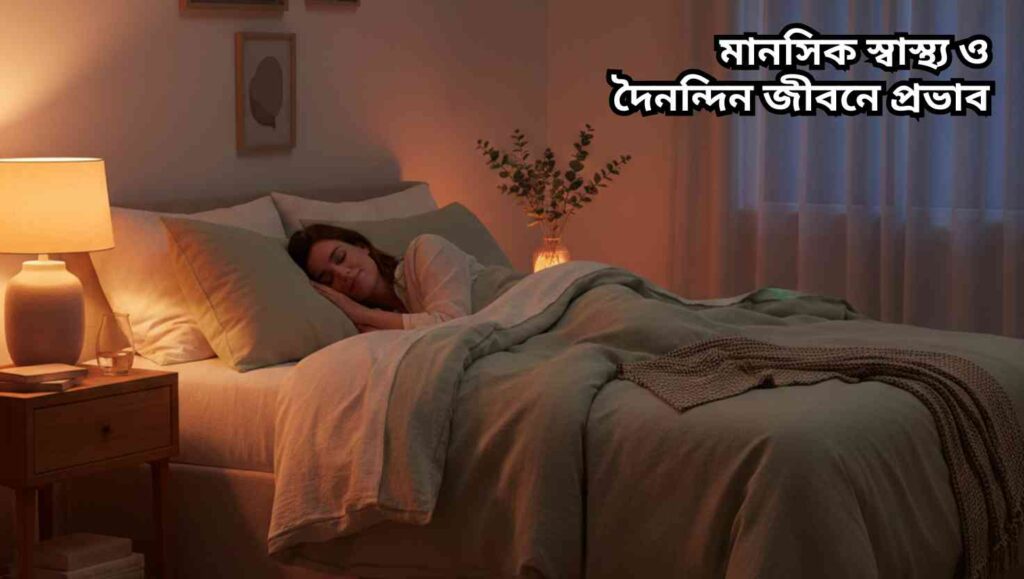 "একটি শান্ত শয়নকক্ষ যেখানে একজন ব্যক্তি গভীর ঘুমে রয়েছে, মানসিক স্বাস্থ্যের জন্য প্রশান্তি ও পুনর্গঠন নির্দেশ করছে।"