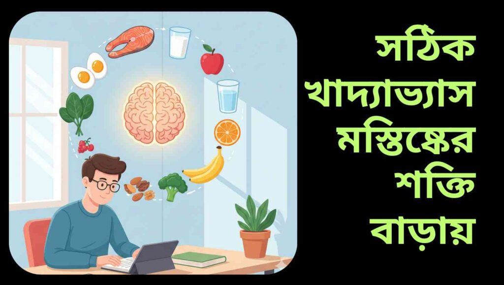 মস্তিষ্কের শক্তি বৃদ্ধির ধারণামূলক ছবি যেখানে স্বাস্থ্যকর খাবার, পড়াশোনা, ধ্যান, খেলাধুলা ও বিশ্রামের মাধ্যমে মস্তিষ্ক সক্রিয় দেখানো হয়েছে