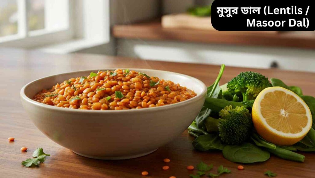 "রঙিন লাল মসুর ডাল সবুজ সবজি ও লেবুর সঙ্গে একটি বোলে পরিবেশিত, স্বাস্থ্য এবং পুষ্টি প্রদর্শন করছে।"