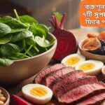 "একজন নারীর ছবি, যিনি ক্লান্ত ও ফ্যাকাশে দেখাচ্ছেন, এবং তার সামনের টেবিলে লাল মাংস, ডিম, লাল লেন্টিল ও শাকসবজি রাখা আছে, যা রক্তাল্পতার প্রতিকার নির্দেশ করে।"