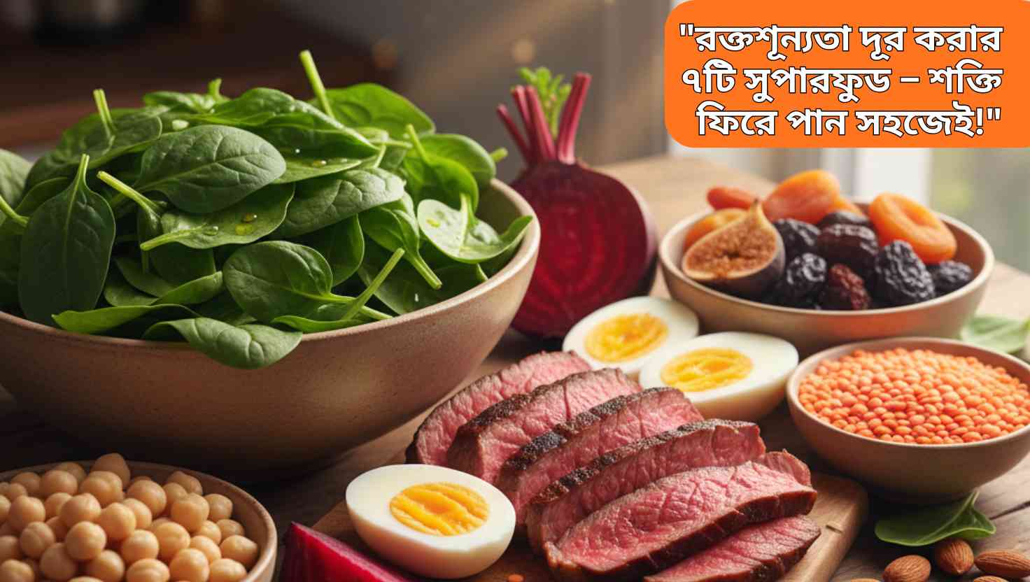 "একজন নারীর ছবি, যিনি ক্লান্ত ও ফ্যাকাশে দেখাচ্ছেন, এবং তার সামনের টেবিলে লাল মাংস, ডিম, লাল লেন্টিল ও শাকসবজি রাখা আছে, যা রক্তাল্পতার প্রতিকার নির্দেশ করে।"