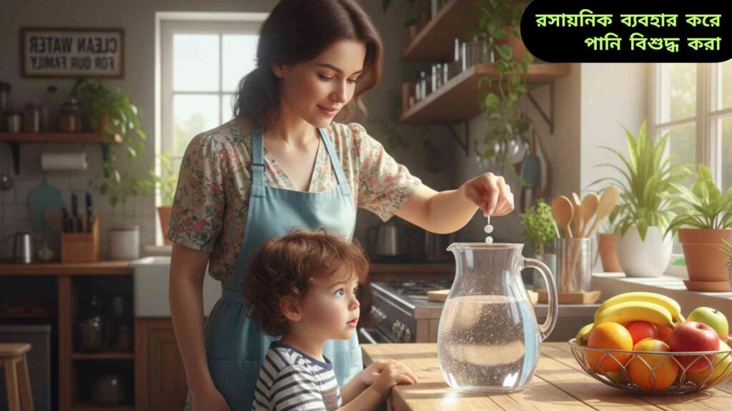 "একটি পরিবার রিয়েলিস্টিকভাবে কেমিক্যাল ব্যবহার করে পানি বিশুদ্ধ করছে, মায়ের হাতে ক্লোরিন ট্যাবলেট এবং শিশুর আগ্রহপূর্ণ দৃষ্টি।"