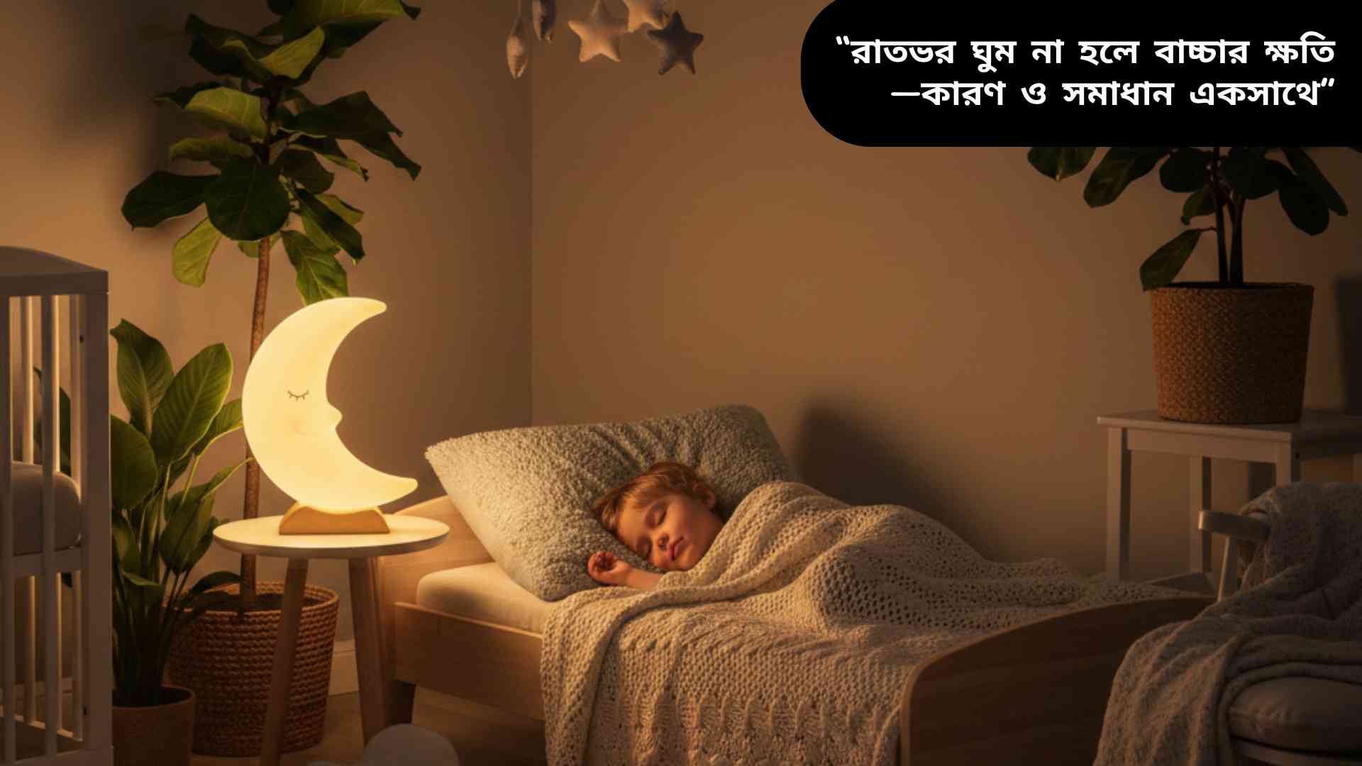 শিশু শান্তভাবে শোয়া অবস্থায়, ঘরে নরম আলো ও আরামদায়ক পরিবেশ