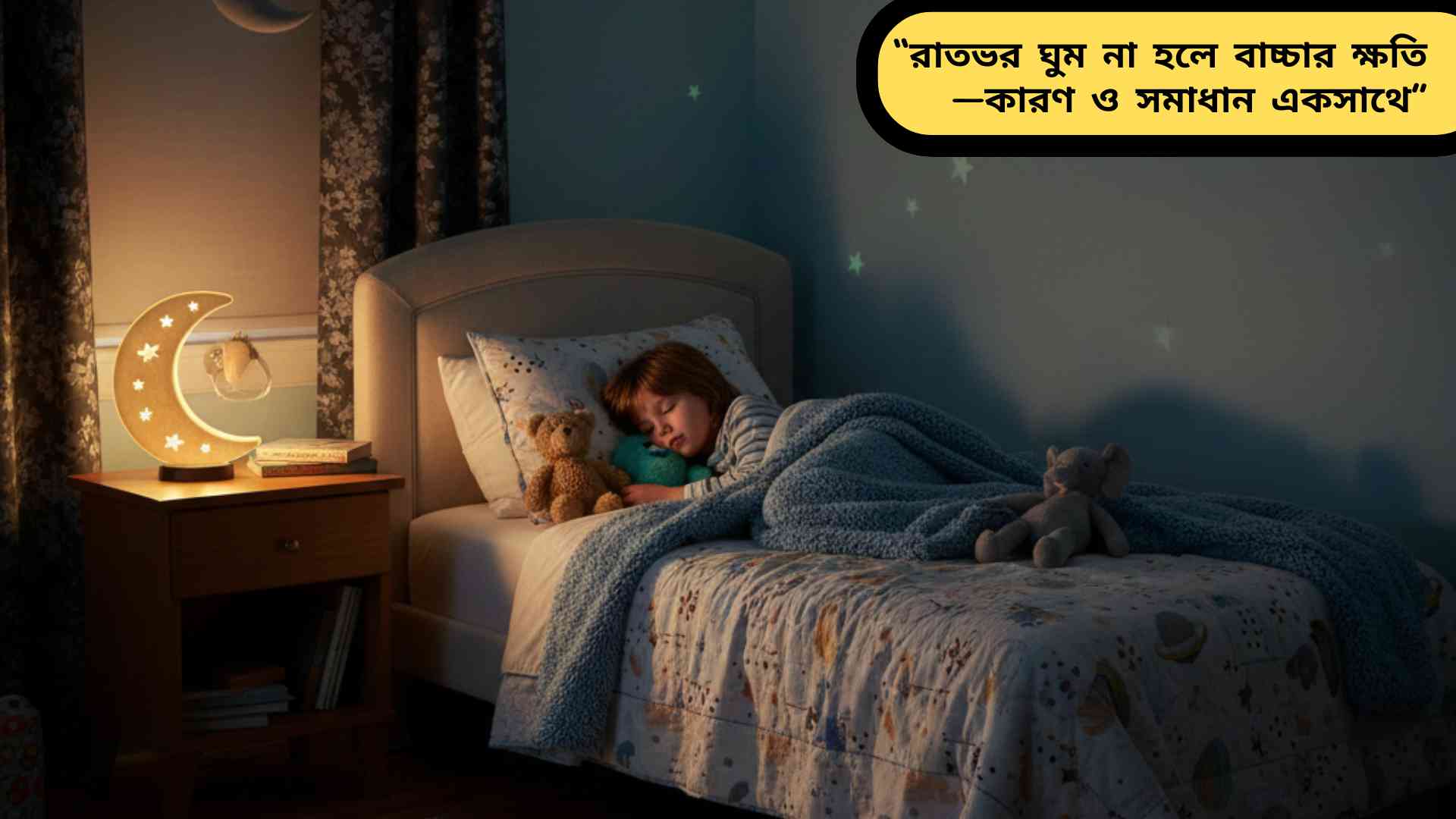 শান্ত, আরামদায়ক বাচ্চাদের ঘরের দৃশ্য যেখানে একটি শিশু নিরাপদভাবে শুয়ে আছে।