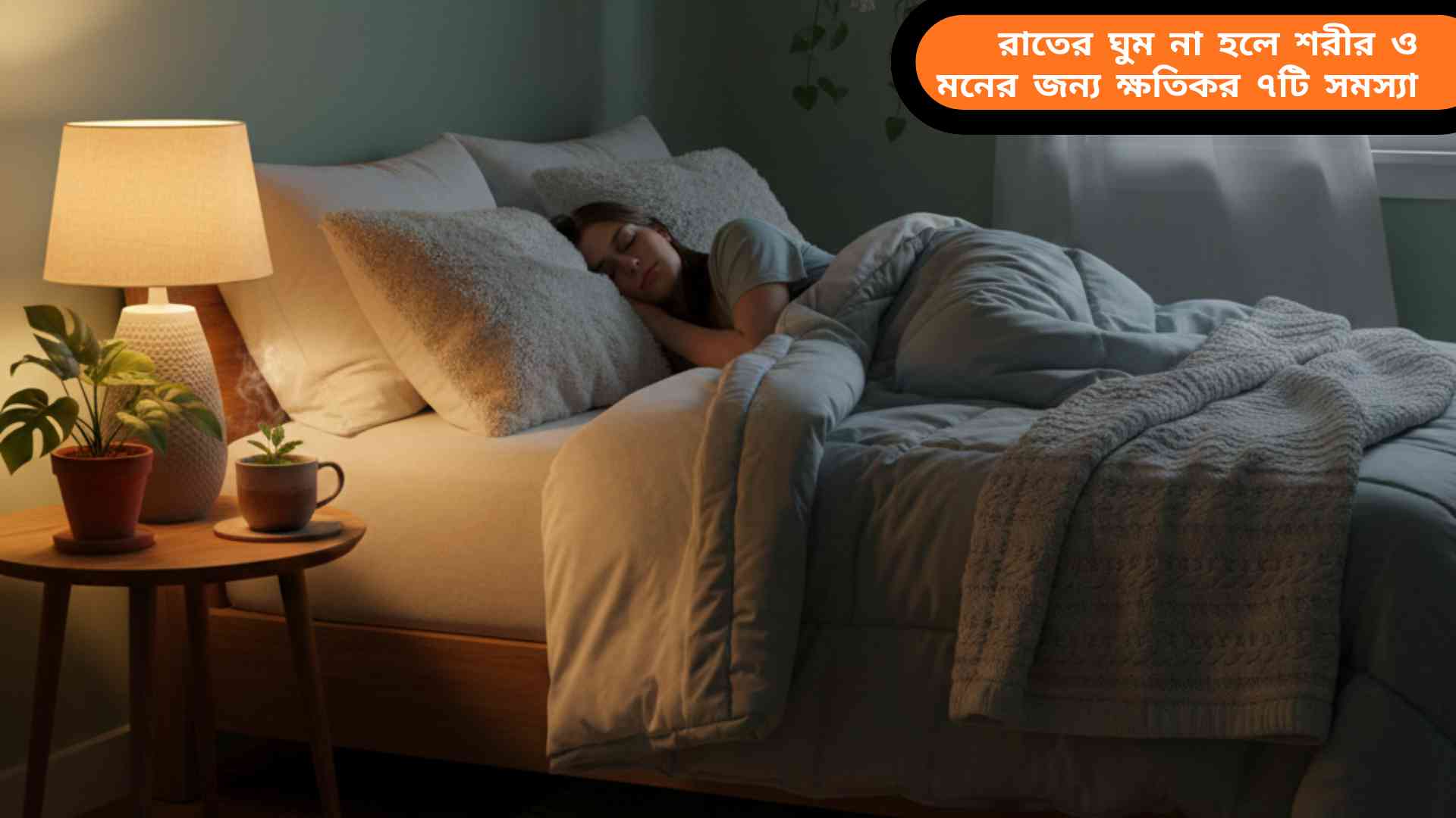 একটি শান্ত শোবার ঘর যেখানে নরম আলো, আরামদায়ক বিছানা, পাশে ছোট টেবিলে উষ্ণ ল্যাম্প এবং হারবাল চায়ের কাপ—যা ঘুম ও বিশ্রামের অনুভূতি প্রকাশ করে।