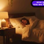 একটি শান্ত ও আরামদায়ক শয়নকক্ষ, যেখানে একজন ব্যক্তি সুন্দরভাবে ঘুমাচ্ছেন, পাশে আলোকিত ল্যাম্প এবং হার্বাল চায়ের কাপ রাখা।